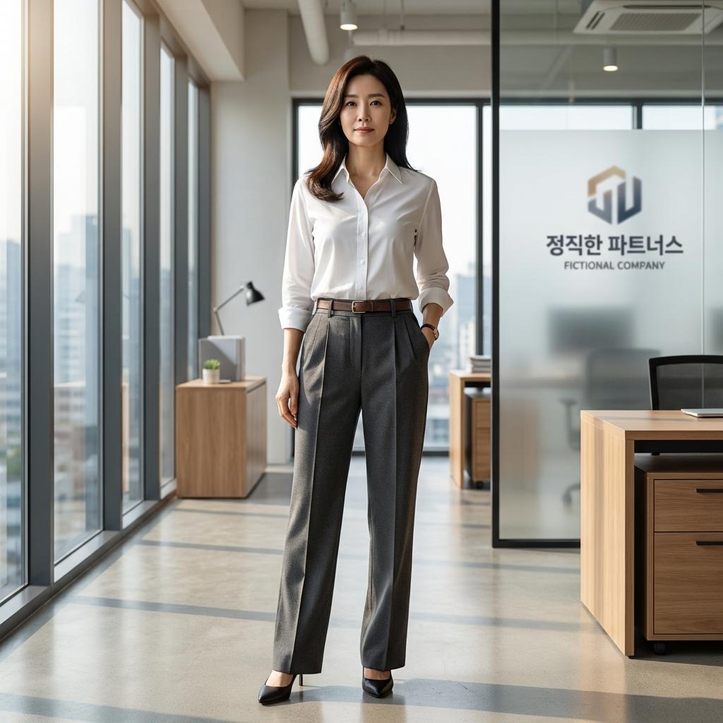 40대 워킹맘 오피스룩 하이웨스트 팬츠 연출