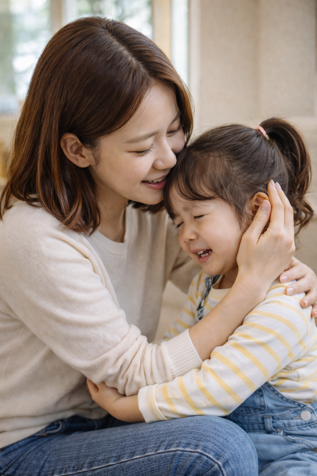 엄마가 아이의 눈높이에 맞춰 앉아 울고 있는 아이를 따뜻하게 안아주며 대화하는 모습