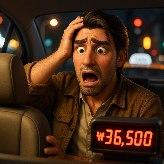 심야 택시 할증 요금을 보고 깜짝 놀라는 40~50대 중년 한국 남성의 3D 스타일 일러스트 이미지