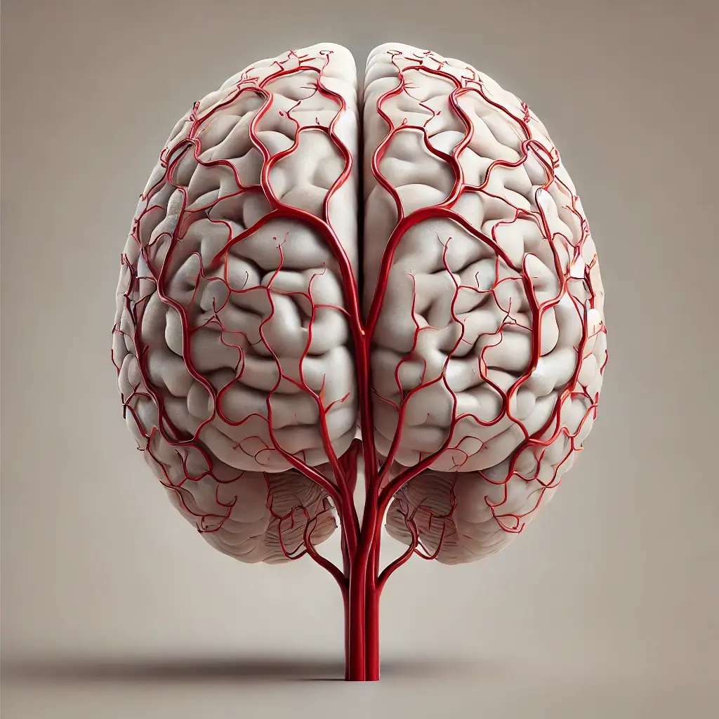 모야모야병 환자의 뇌혈관을 나타내는 3D 인포그래픽 이미지, 협착된 동맥과 이를 보완하는 가늘고 작은 측부 혈관들이 강조된 뇌의 의료 시각화. 텍스트 없이 신경학적 구조를 명확하게 보여주는 디테일한 이미지.