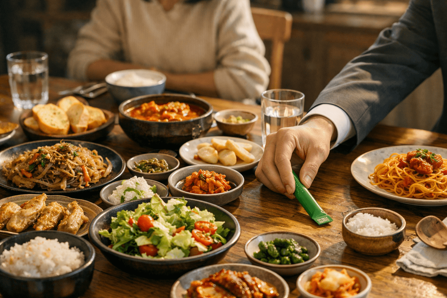 따뜻한 조명 아래 한식 반찬과 샐러드, 파스타, 밥이 가득 차린 식탁에서 정장 차림의 직장인이 식사 중 초록색 스틱형 효소 제품을 집어 들며 식후 소화 루틴을 챙기는 모습을 담은 이미지.