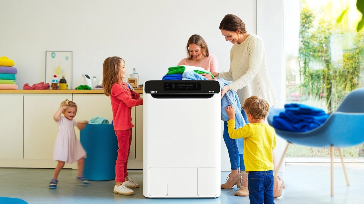 대가족이 생활 공간에서 삼성 원바디 탑핏 디자인의 세탁기를 효율적으로 사용하며 빨래를 하는 모습입니다. 가족의 일상과 세탁기의 실용성이 강조된 따뜻한 분위기의 장면이며, 고해상도의 질감을 제공합니다.