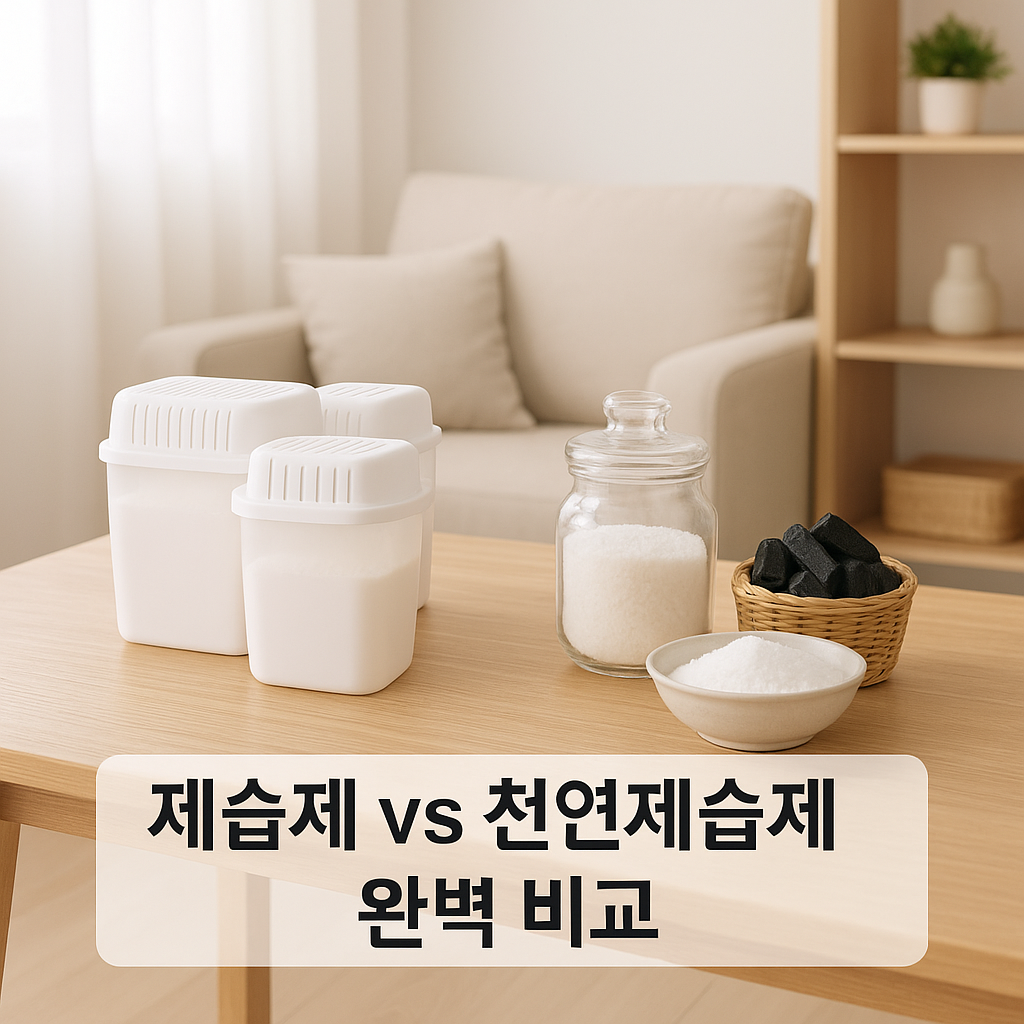 깔끔하고 현대적인 거실 배경에서 테이블 위에 다양한 제습제들이 정리되어 있는 모습