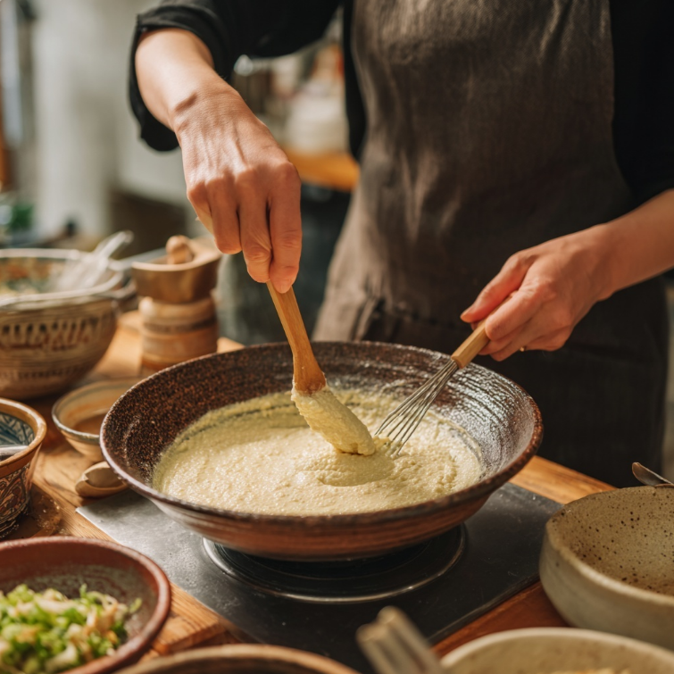 녹두를 갈아 재료준비하는 모습