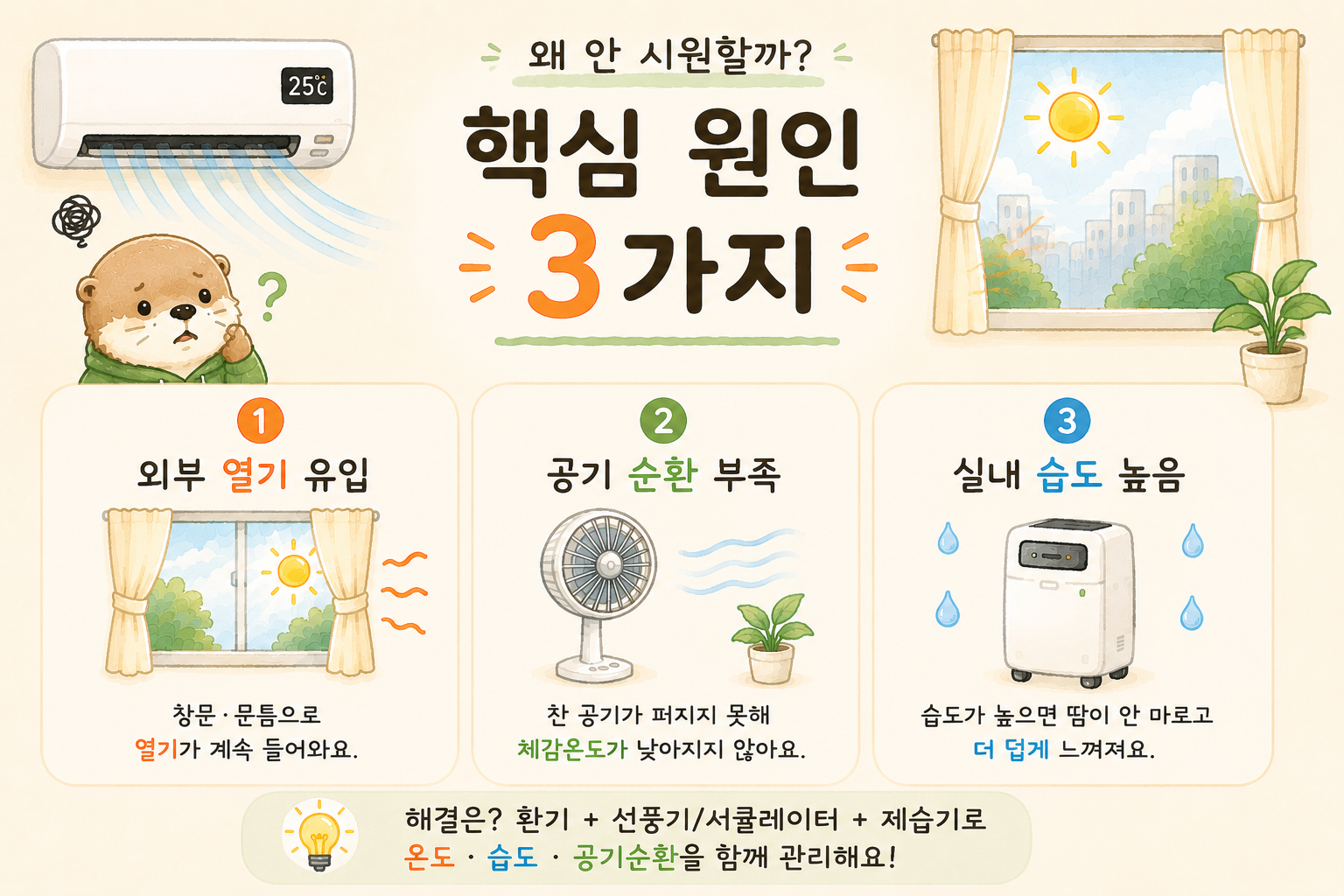 에어컨 안 시원한 이유 3가지 외부열기 공기순환 습도 인포그래픽
