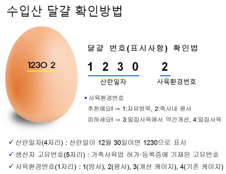 수입산 달걀을 확인하는 방법으로 달걀 껍데기에 산란일자와 사육환경번호가 표시된 설명자료