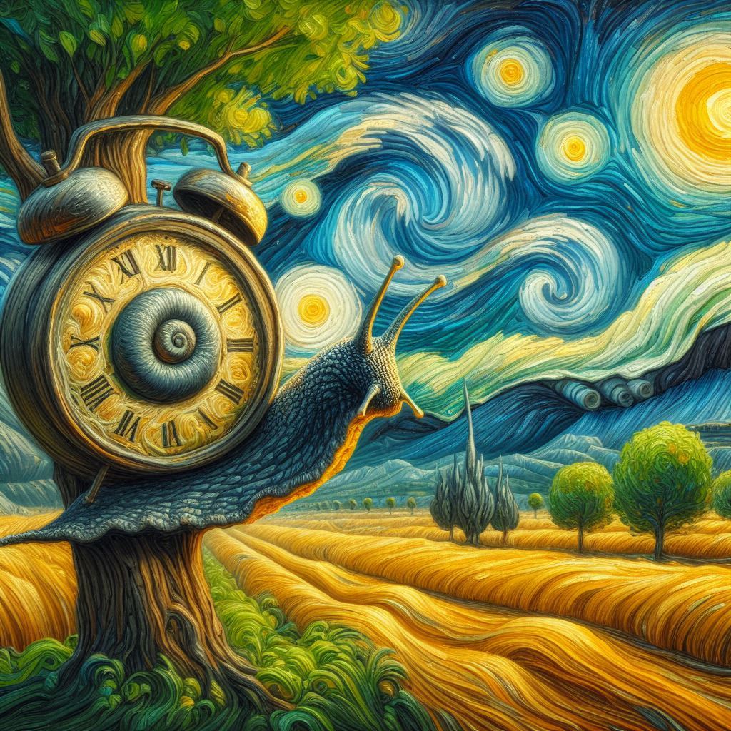 달팽이 모양으로 감긴 시계가 나무에 매달려 모래처럼 흐르는 구름을 바라봄 - 초현실&amp;#44; 반고흐스타일&amp;#44; 임파스토2