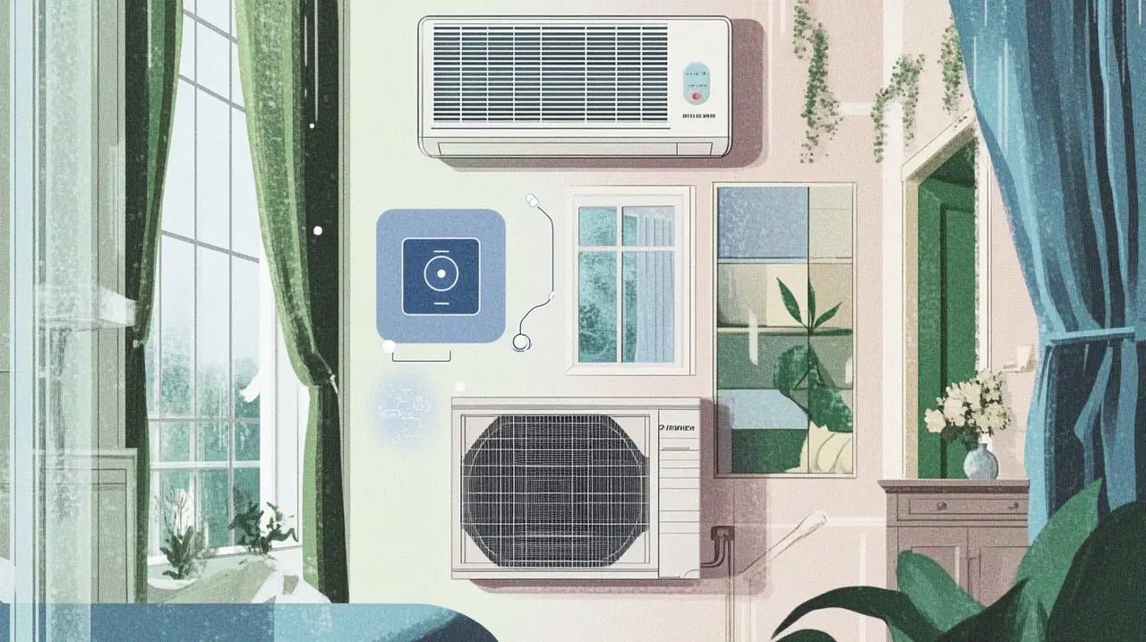 스마트 기능이 포함된 스탠드 에어컨이 가정 IoT 시스템과 조화를 이루며, 효율적인 환경 구현을 위한 최신 기술을 부각시킵니다.