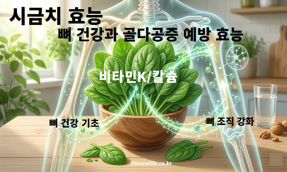 시금치 효능이 뼈 건강 강화와 골다공증 예방에 도움을 주는 과정을 설명하는 이미지