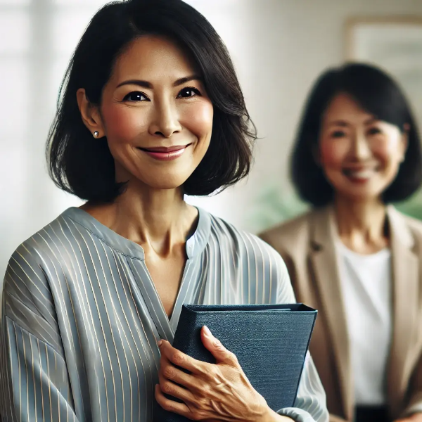 인터뷰 준비 중 자신감 있게 미소 짓는 중장년 동양 여성의 모습