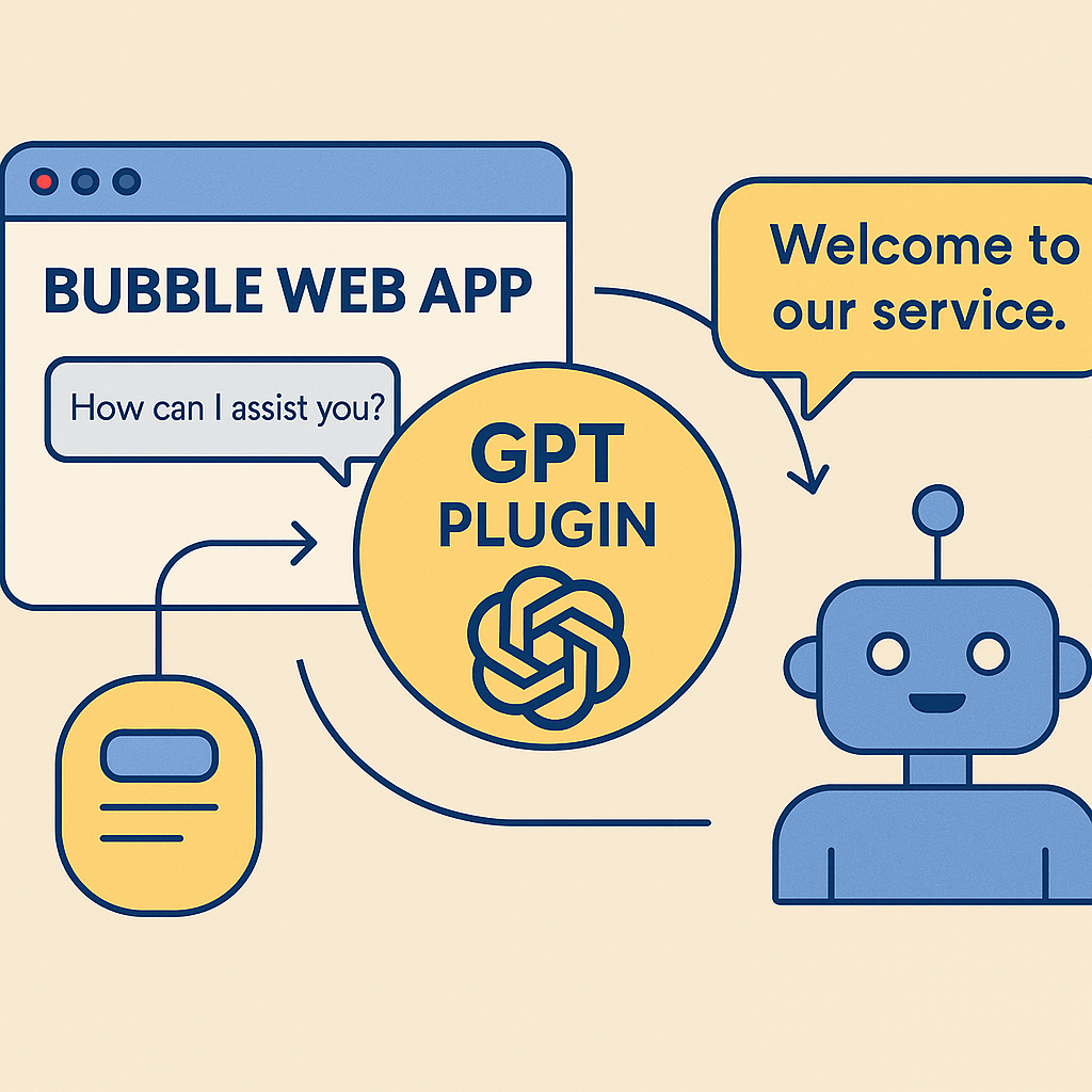 Bubble 웹 앱에 GPT 플러그인을 연동하여 챗봇 기능이 작동되는 과정을 시각화한 일러스트, 사용자 입력과 AI 응답 흐름이 단순하게 표현됨