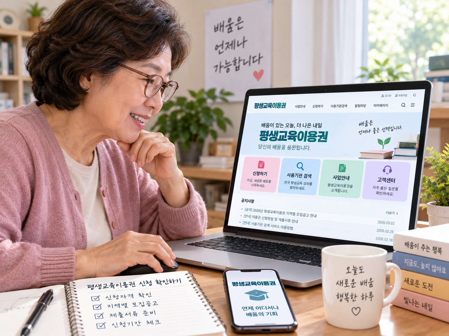 컴퓨터 또는 스마트폰으로 평생교육이용권 신청방법을 확인하는 60대 사용자