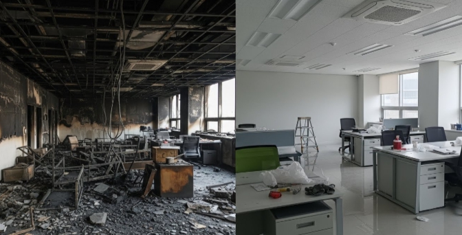 화재 청소 후 복구중 모습