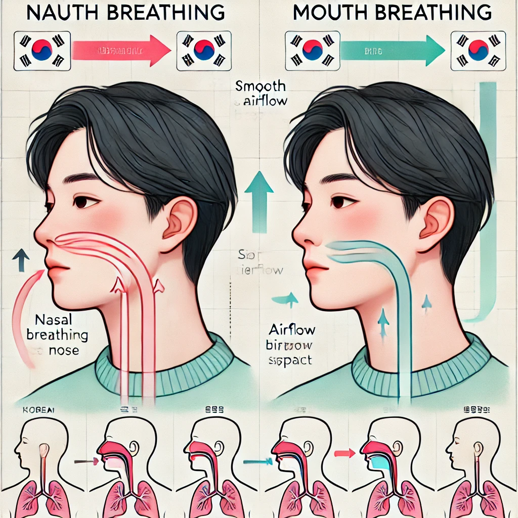 코로 자연스럽게 호흡하는 사람과 입으로 숨 쉬는 사람을 비교한 일러스트 이미지