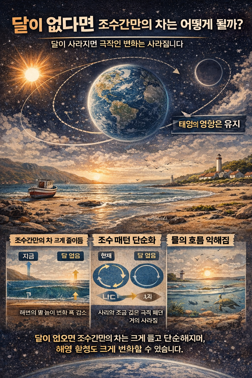 달이 없다면 조수간만의 차는 어떻게 될까 (태양 영향까지 정리)