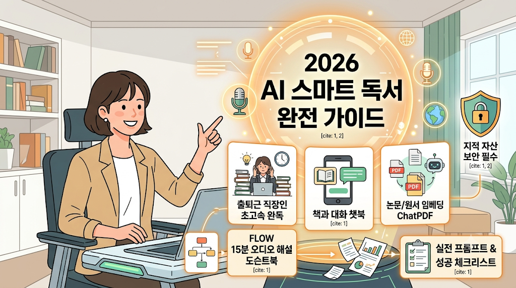 '2026 AI 스마트 독서 완전 가이드'라는 대형 타이틀 아래, 한 여성 자산 비서가 스마트폰과 MacBook을 활용해 밀리의서재, ChatPDF, Blinkist 등 주요 AI 독서 플랫폼의 로고와 15분 오디오 해설, 책과 대화하는 챗북 기능, 그리고 실전 ChatGPT 프롬프트 매크로 및 지적 자산 보안 수칙을 가리키는 스마트한 인포그래픽 썸네일입니다.