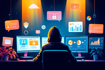 해커가 다수의 모니터를 통해 개인정보와 이메일 시스템을 조작하는 피싱 메일 사기 장면