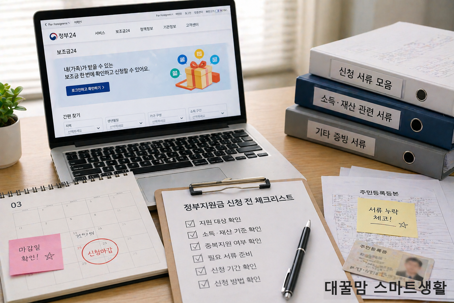 정부지원금 신청 전 체크리스트와 서류를 준비하며 정부24 보조금24를 확인하는 책상 사진