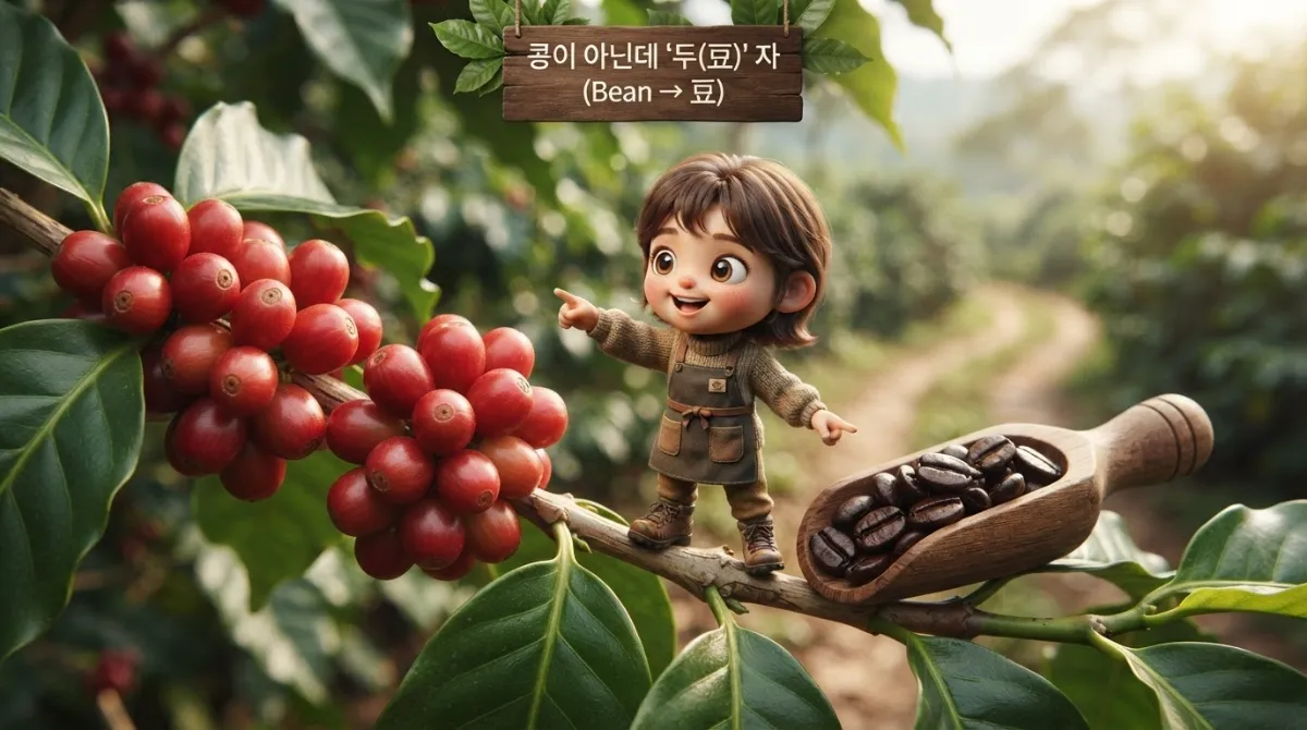 커피나무의 붉은 커피 체리와 볶은 커피 원두를 비교한 이미지