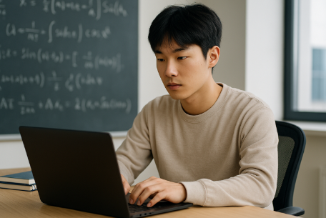 집중해서 노트북으로 공부 중인 대학생 모습