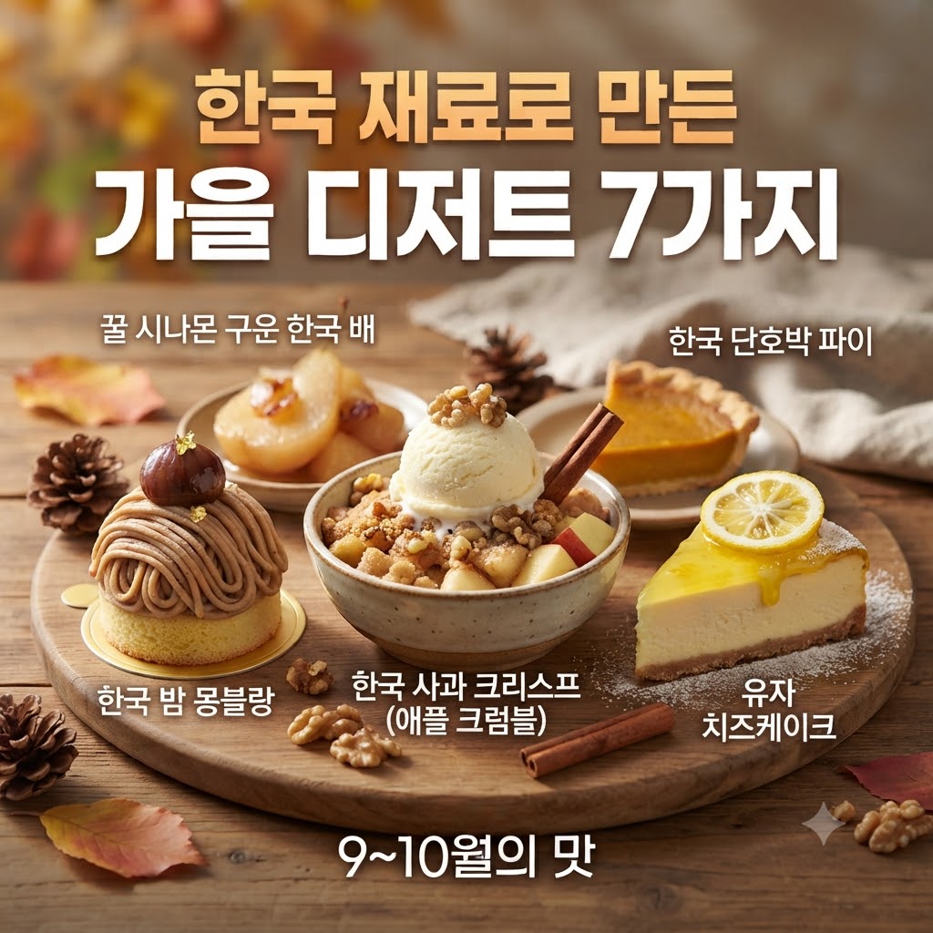 한국 재료로 만든 가을 디저트 7가지와 꿀 시나몬 구운 한국 배, 한국 단호박 파이, 한국 밤 몽블랑, 한국 사과 크리스프(애플 크롬블), 유자 치즈케이크가 놓인 가을 분위기의 실사 썸네일 이미지