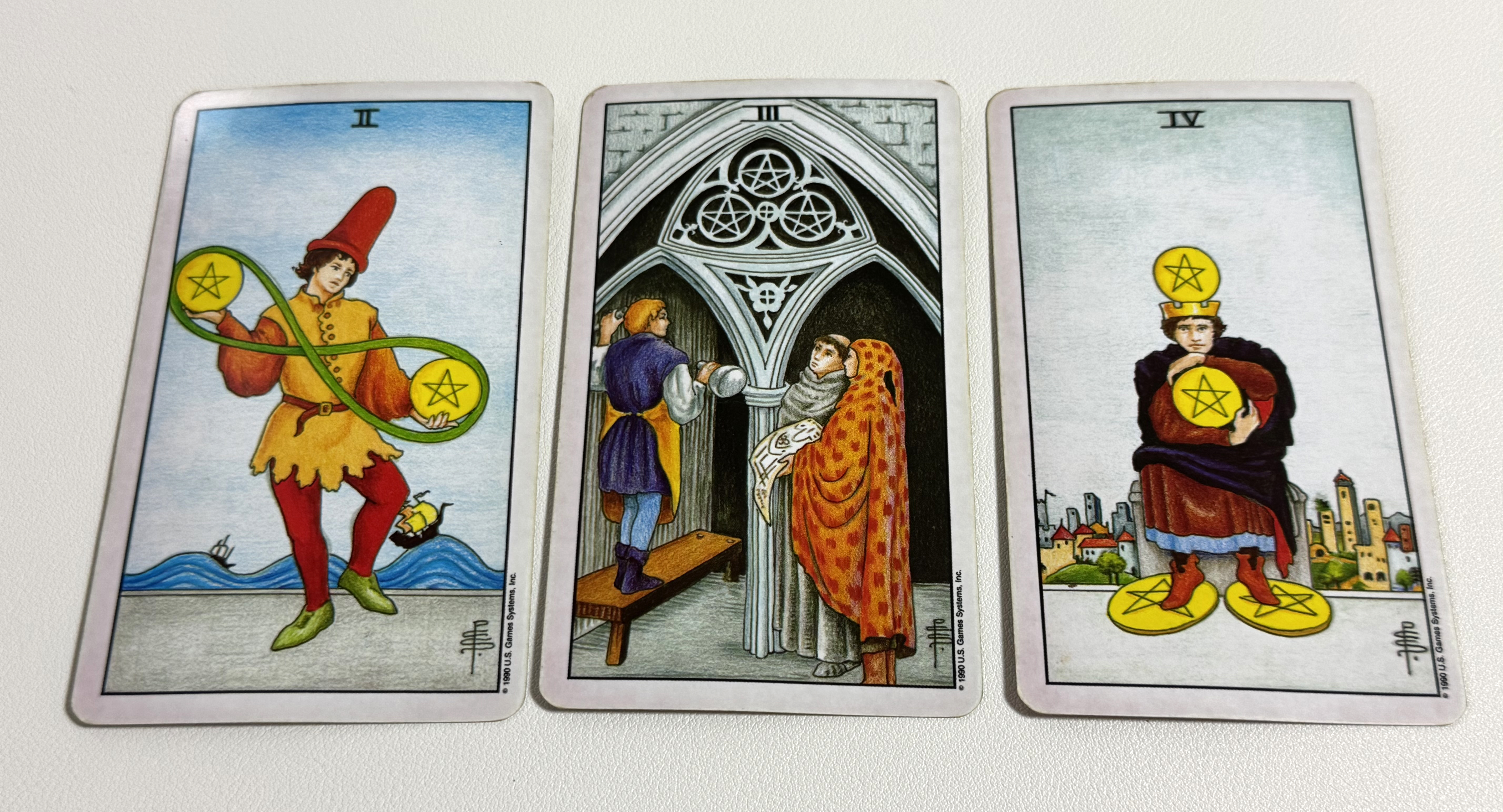 펜타클 에이스, 펜타클 2, 펜타클 3, 펜타클 4 타로카드