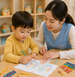 앙이가 돌봄 선생님과 함께 활동하는 모습
Korean baby supplies with government support concept, diapers, formula, baby clothes, Korean won bills subtly placed, cozy home atmosphere, realistic photography, soft natural lighting, high detail