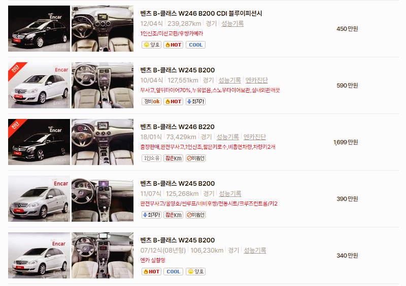 벤츠 B클래스 중고차 가격 시세표 24년10월