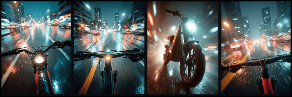 캠페인 무드컷, 빗속 도시를 질주하는 전기 자전거와 시네마틱한 조명 반사 이미지_Midjourney