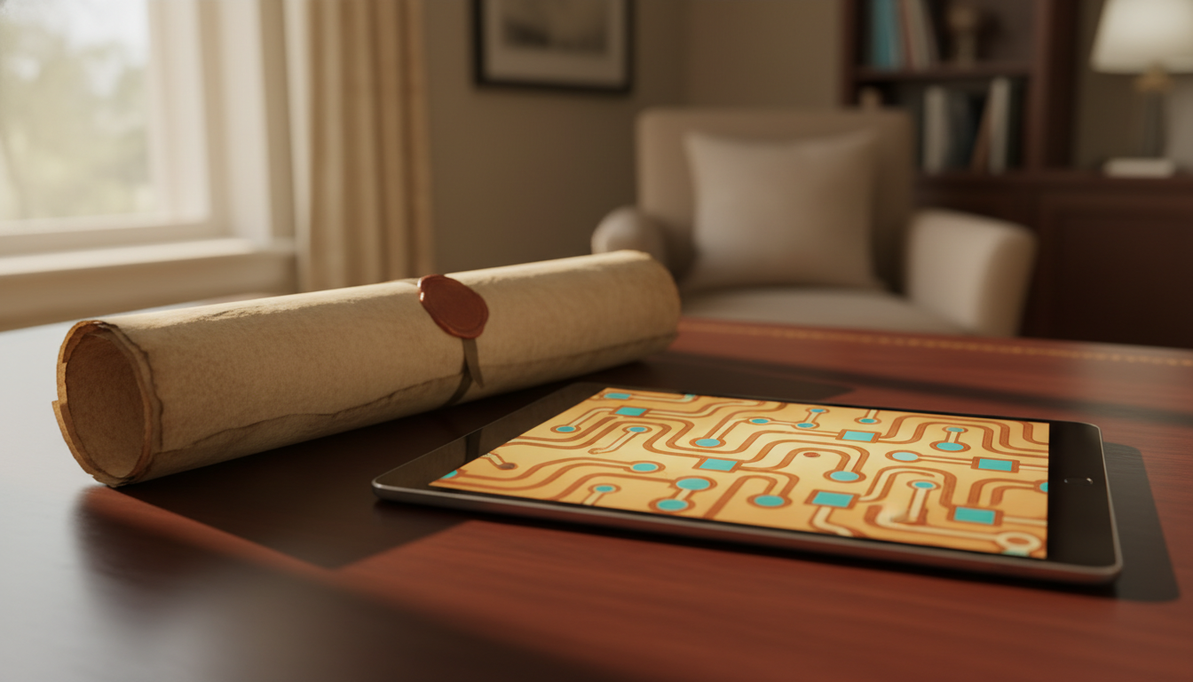 광택이 나는 어두운 나무 책상 위에 놓인 우아하고 오래된 법적 문서와, 45도 뒤에서 바라본 세련되고 현대적인 태블릿. 따뜻한 주변 조명, 부드러운 그림자. 오래된 종이의 질감과 현대 기술의 대비를 강조하는 매크로 사진. (인물 얼굴 없음, 화면에 그래프 없음)