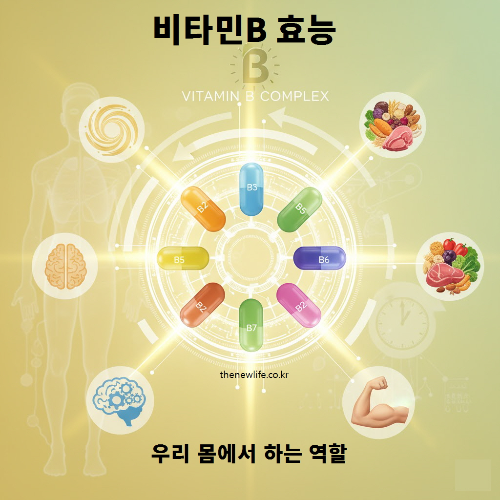 비타민B 효능을 시각화한 이미지 – 비타민B1부터 B12까지 8종의 비타민B군이 에너지 대사, 신경계 기능, 근육 및 두뇌 건강에 기여하는 모습을 표현했습니다.