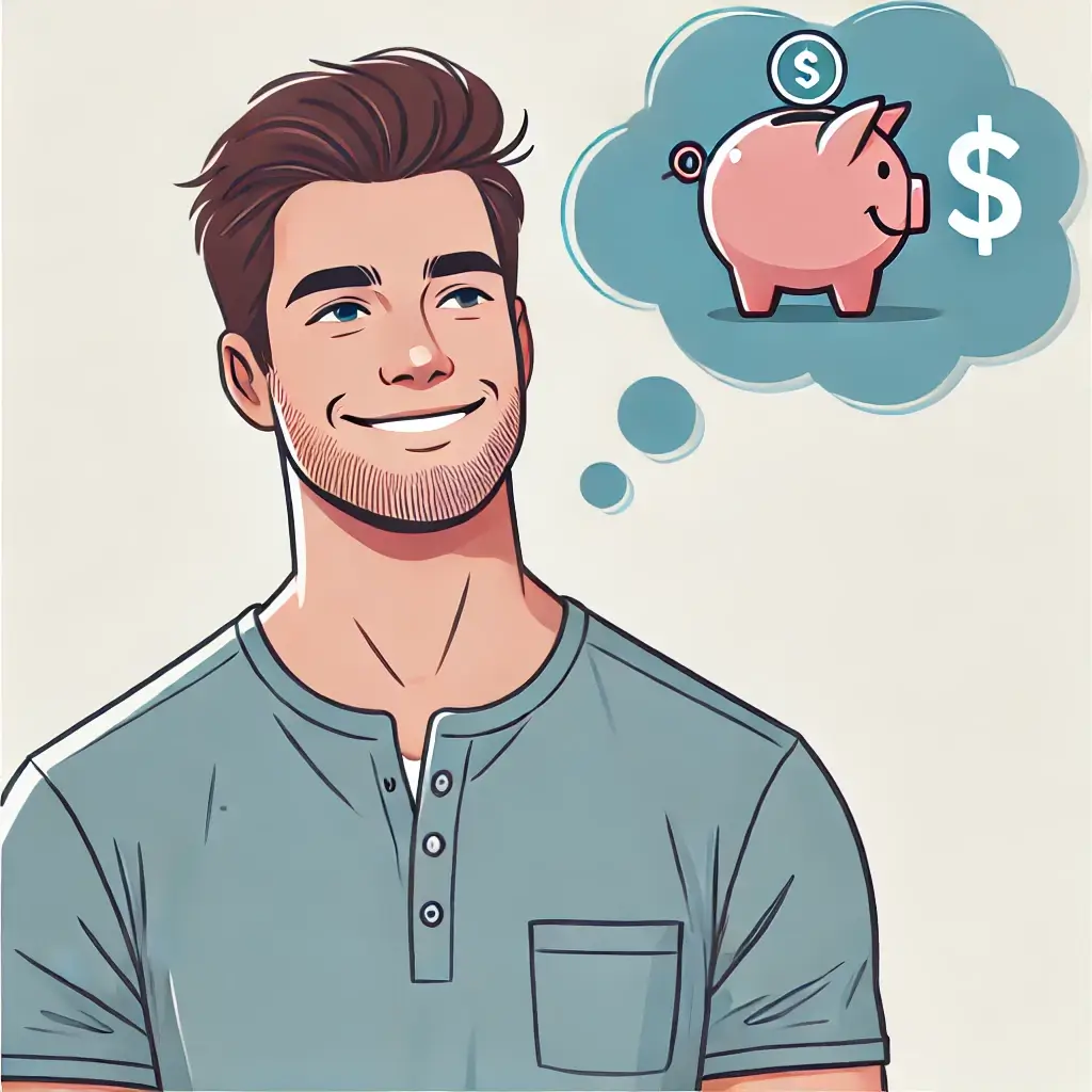 절약한 기쁨을 생각하며 미소 짓는 남성.