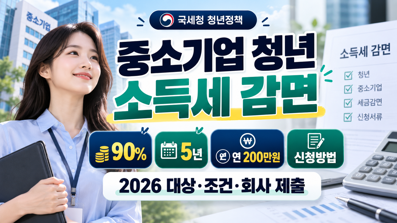 중소기업 청년 소득세 감면 2026｜90%&middot;5년&middot;연 200만원 신청방법