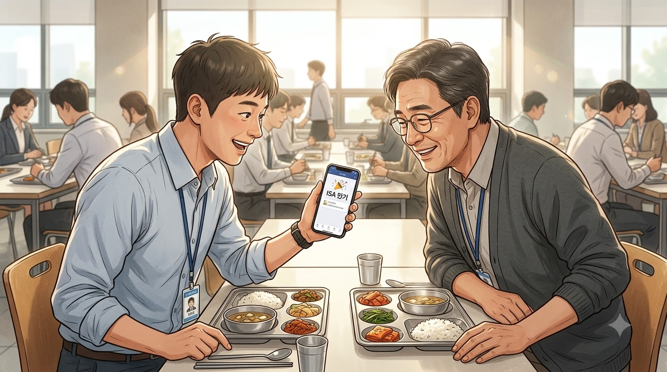 회사 점심시간, 50대 선배에게 30대 후배가 ISA 만기 알림이 뜬 휴대폰을 보여주는 장면