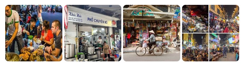 하노이 올드 쿼터의 길거리 음식, 전통 음식점, 자전거 노점상, 야시장 풍경이 어우러진 베트남 로컬 체험 이미지