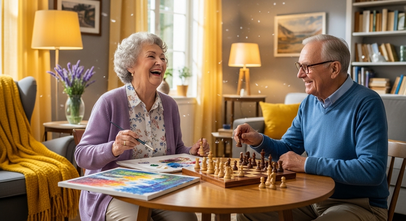 따뜻한 거실에서 함께 보드게임을 하며 행복하게 웃는 노년 부부. 화목하고 즐거운 분위기.