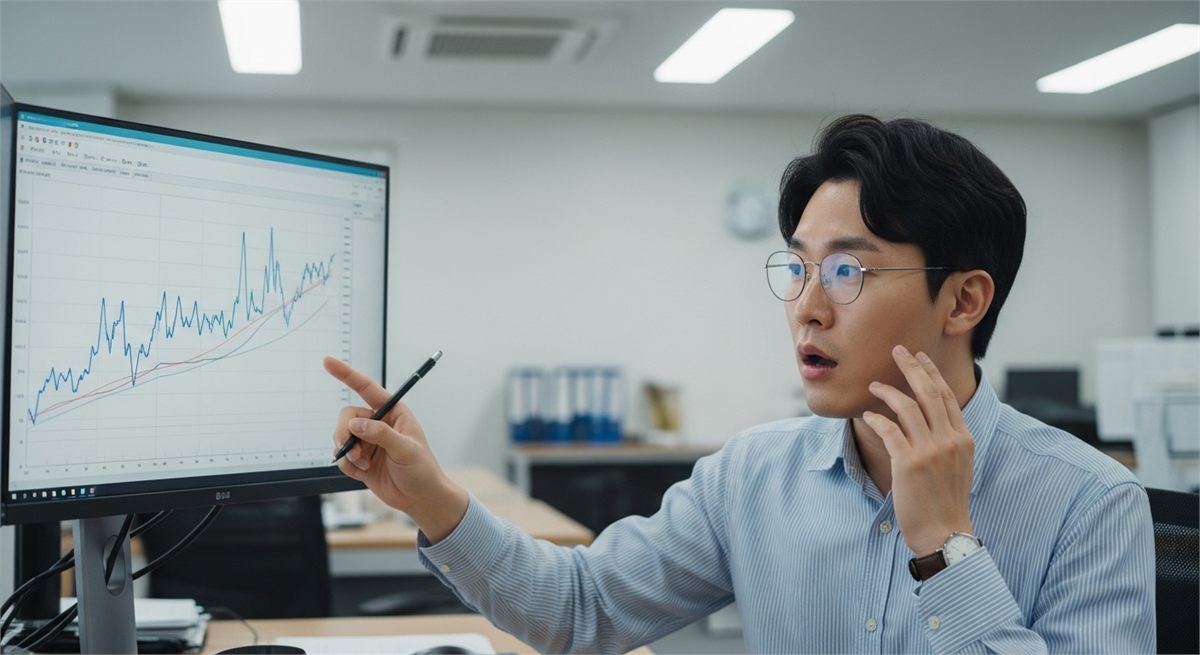 사무실에서 반도체 장비 관련 흐름을 확인하는 한국인 직장인 장면