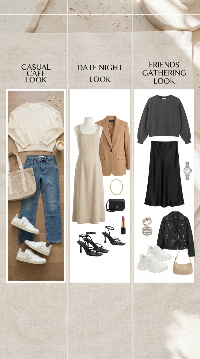 Fashion mood board collage showing three outfit styles side by side, casual cafe look, date night look, and friends gathering look, all clean street style aesthetic, flat lay or mannequin display, soft neutral tones