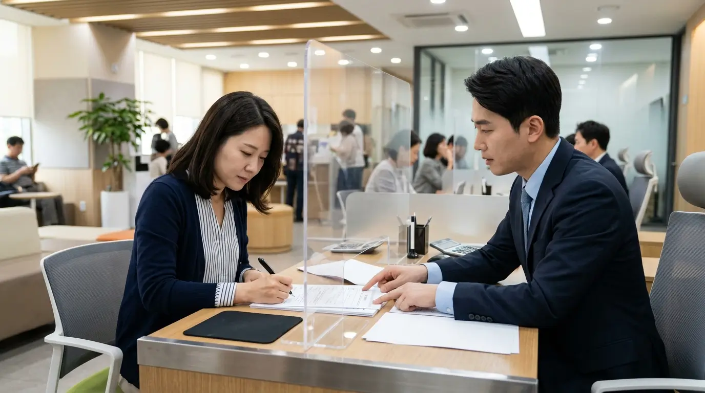 밝고 신뢰감 있는 서민 금융 통합 지원 센터 상담 창구에서 30대 여성이 대출 상담원과 대면하여 신용 회복 서류를 진지하게 검토하는 모습
