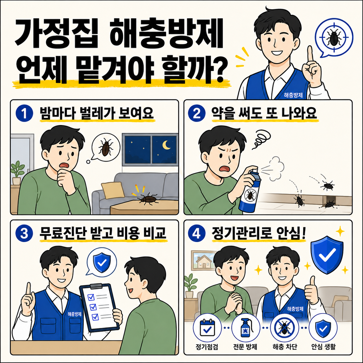 밤마다 벌레가 보이고 약을 써도 다시 나오는 상황에서 무료 진단과 비용 비교 후 정기관리로 안심하는 과정을 담은 가정집 해충방제 네컷만화 이미지