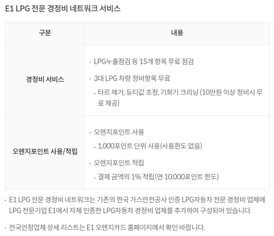 E1+LPG+롯데카드+오렌지카드+서비스+자동차+경정비