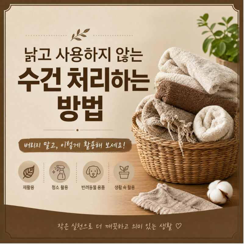 낡고 사용하지 않는 수건 처리하는 방법을 안내하는 브라운/베이지 톤 썸네일 이미지
