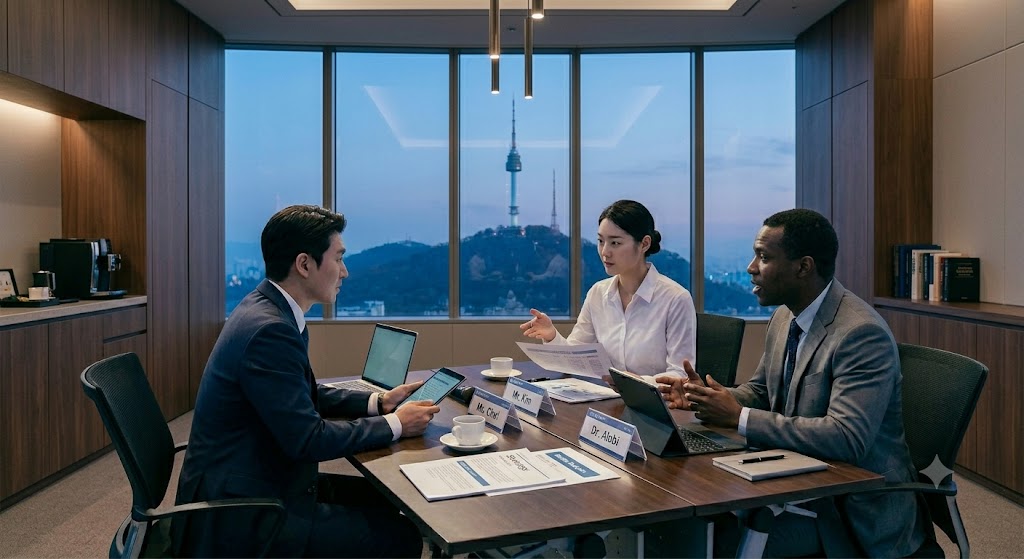 해질녘 N서울타워와 도심 전경이 대형 통유리창 너머로 보이는 세련된 목조 인테리어의 오피스 회의실 실사 사진. 세 명의 남녀 직장인(한국인 남성, 한국인 여성, 흑인 남성)이 정장을 입고 회의용 테이블에 마주 앉아 있습니다. 테이블 위에는 노트북, 태블릿 PC, 명패, 커피잔, 인쇄된 서류들이 놓여 있으며, 서로 진지하게 대화를 나누며 소통하는 프로페셔널한 미팅 분위기입니다.