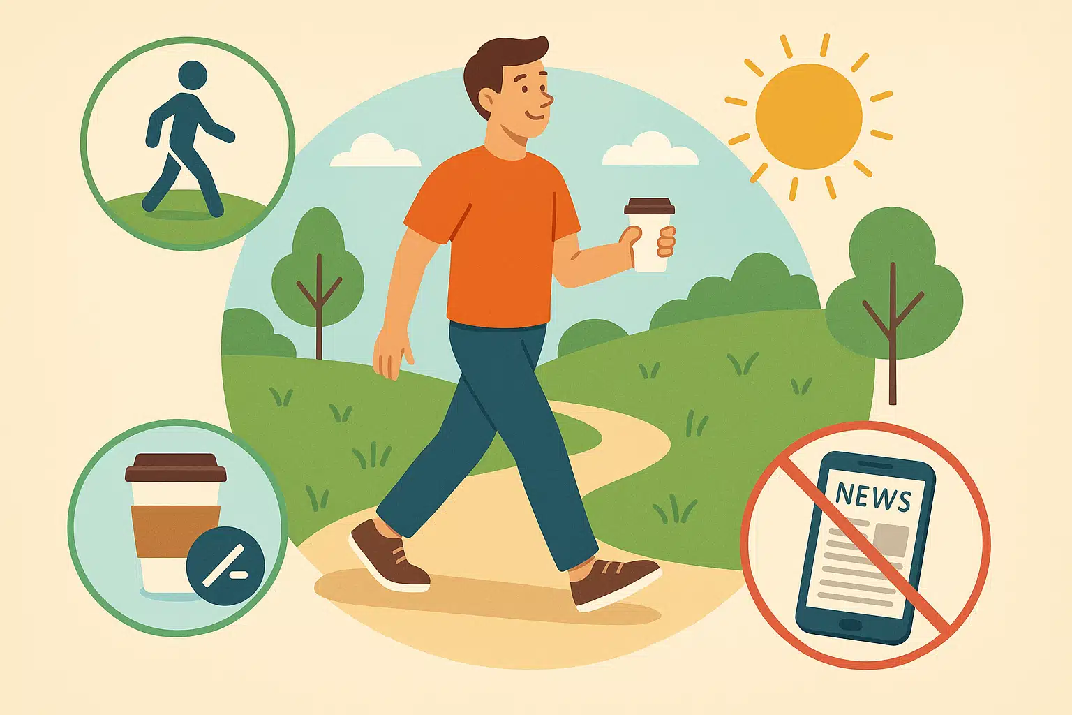 낮에 산책하는 사람, 햇빛 아래 걷는 모습, 운동·커피컵 아이콘, 스마트폰과 뉴스 아이콘을 멀리하는 장면