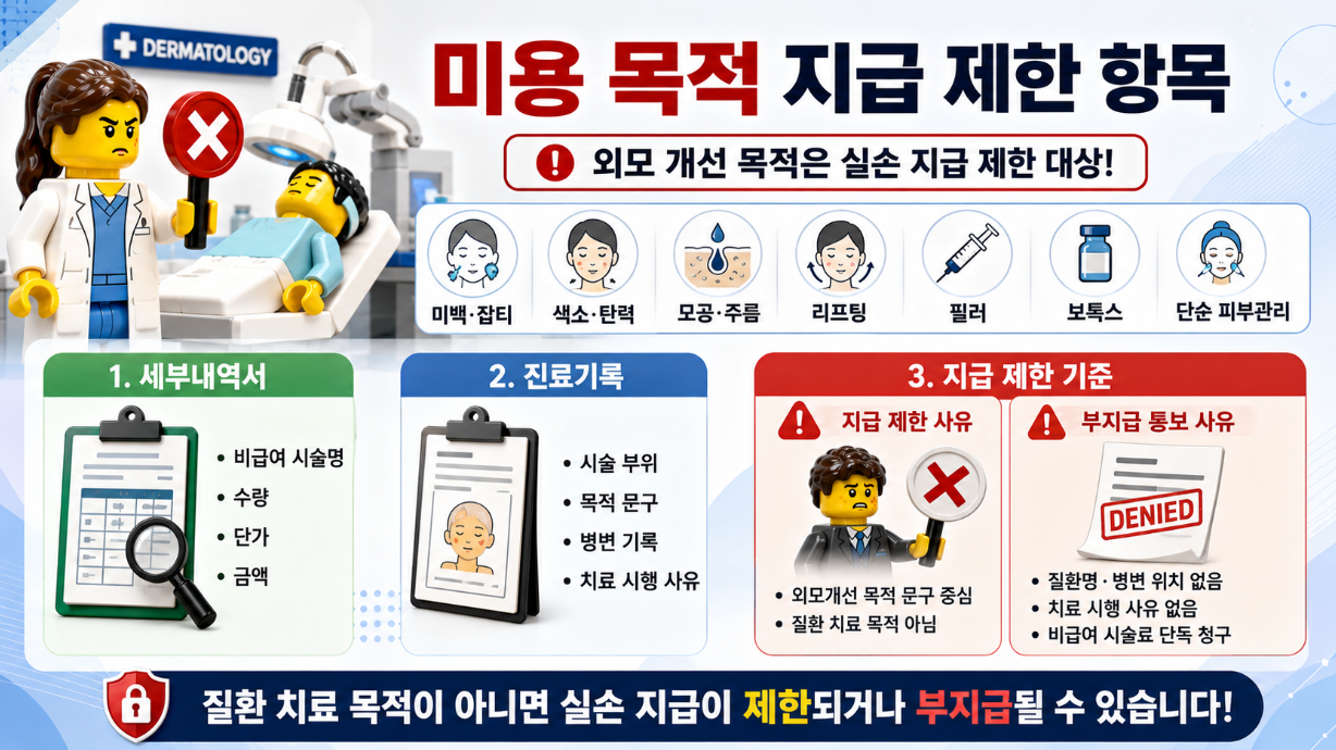여드름 치료 비용 항목을 처방전, 세부내역서, 소견서, 진료기록으로 구분한 인포그래픽
