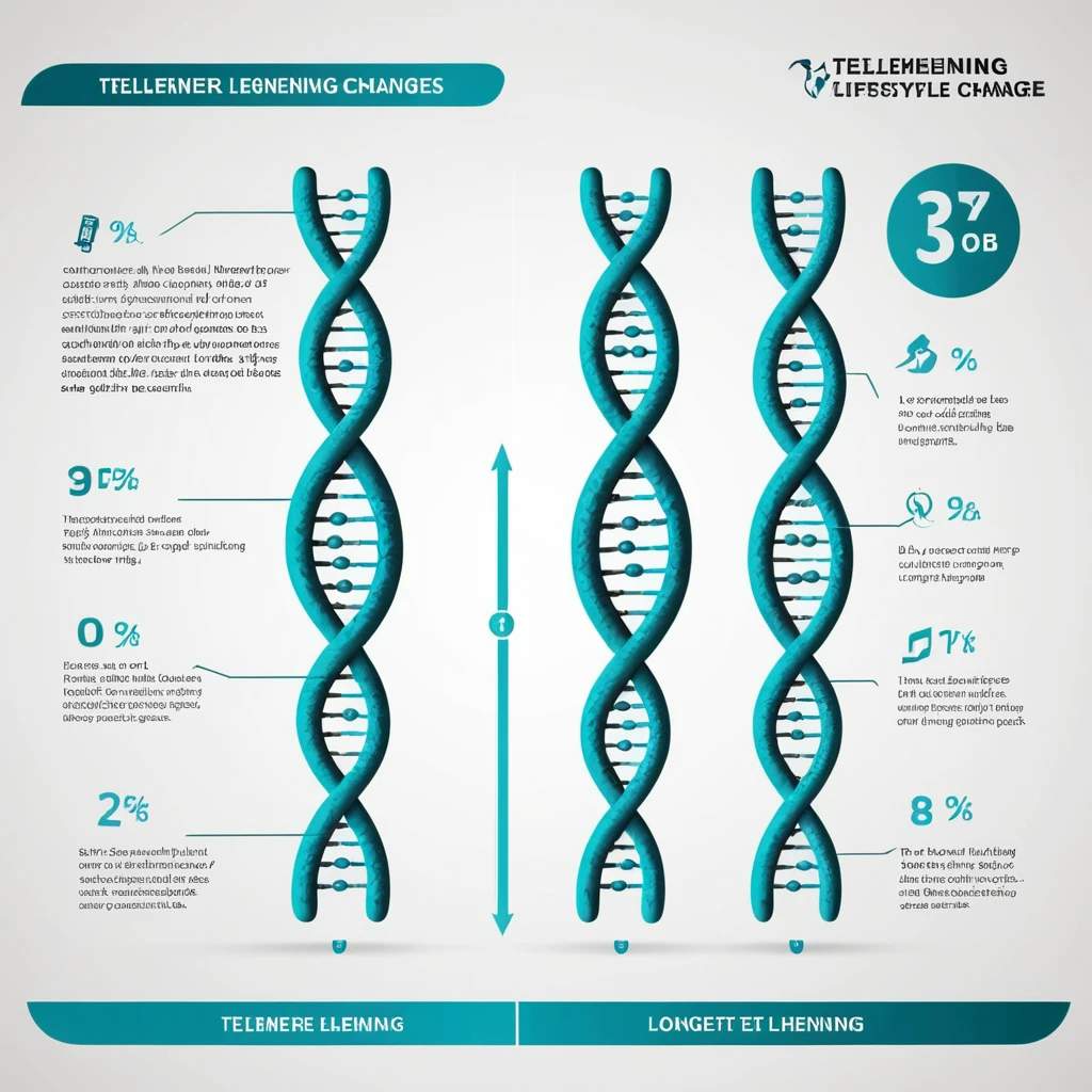텔로미어 길이 변화를 설명하는 DNA 인포그래픽. DNA 이중 나선과 각종 수치&amp;#44; 설명 텍스트가 함께 배치됨