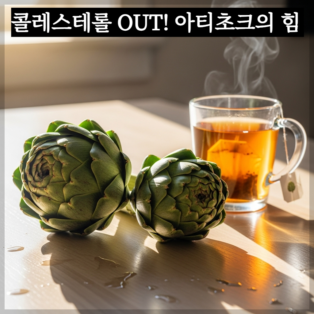 따뜻한 아침 햇살이 비치는 주방 테이블 위에 놓인 싱싱하고 짙은 초록빛의 아티초크 꽃봉오리와 그 옆에 놓인 따뜻한 아티초크 차가 담긴 유리잔이 있는 치유 분위기의 실사 이미지