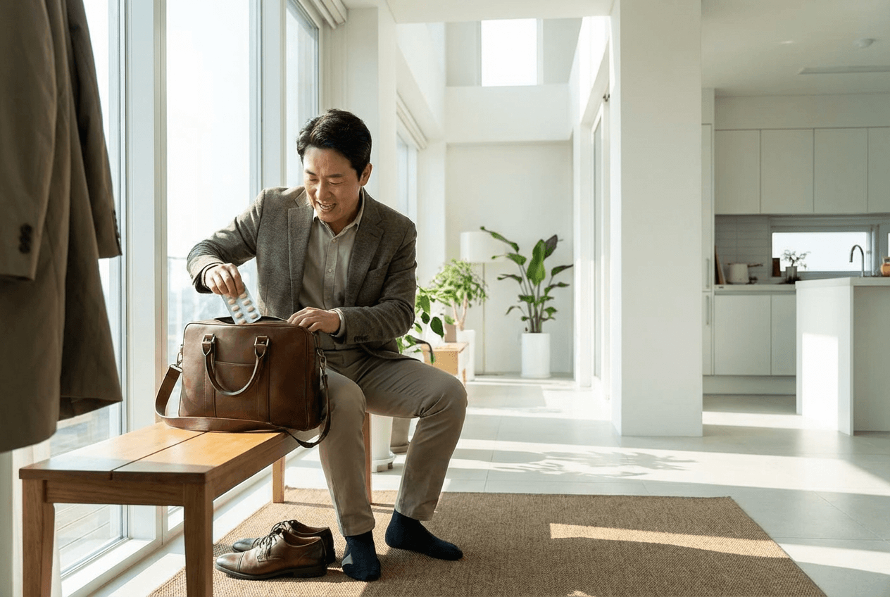 출근 준비를 하며 가방에 영양제를 넣는 직장인의 손, 현관 앞 밝은 조명 아래 일상적인 장면입니다.