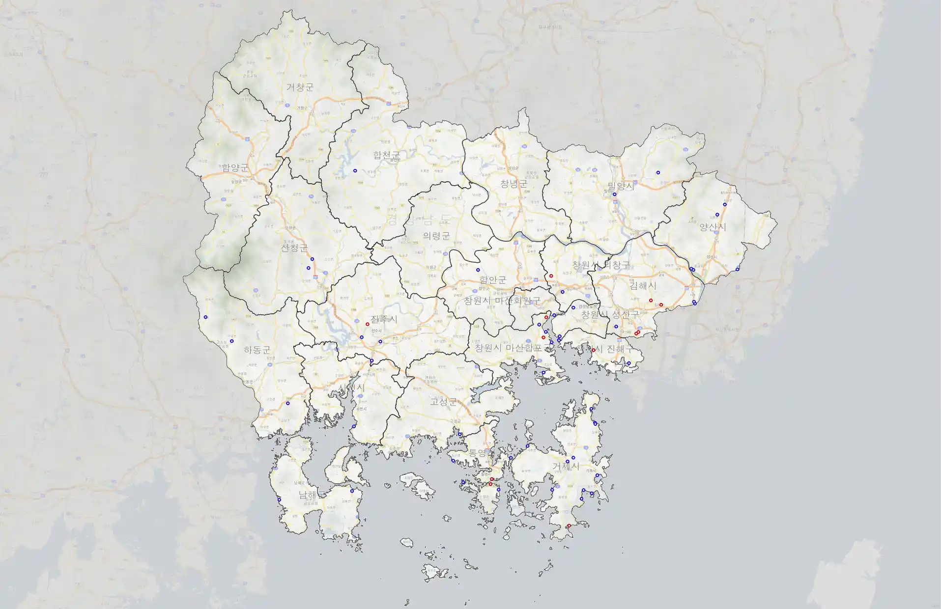 경상남도 대표 카페 베이커리 위치도