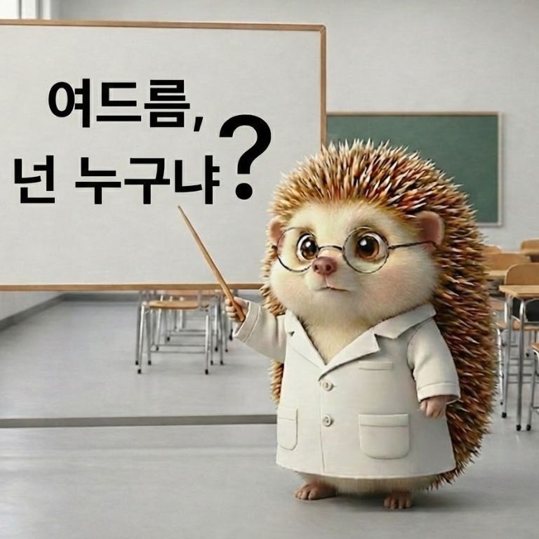 의사 가운을 입은 고슴도치 캐릭터 도치씨가 사춘기 여드름에 대해서 강의하고 있는 모습